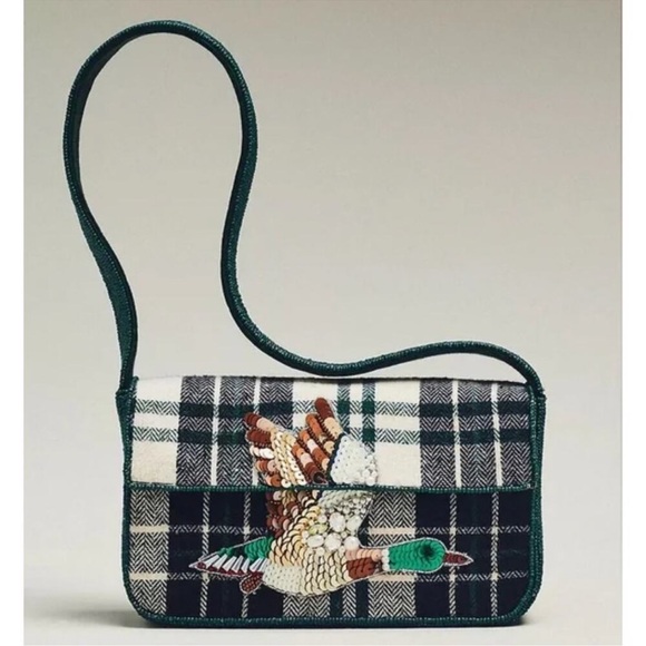 Anthropologie The Fiona Beaded Shoulder Bag Animal Edition Duck Plaid Green